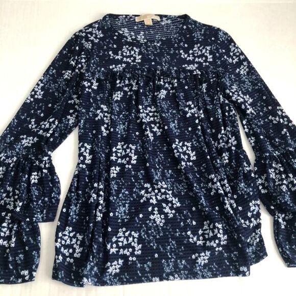 MK Tiered Ruffles Skirt and Blouse Set Size XS Blue Floral Print Office Party - Picture 2 of 10